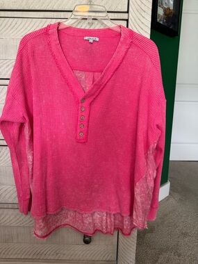Pink Waffle-Knit Henley Top
